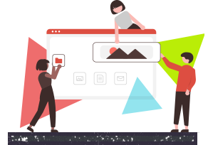abstract illustration of three people
             building a website by placing floating elements